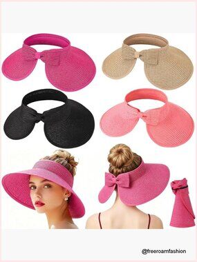 Foldable Straw Sun Visor Wide Brim Beach Hat Packable Ponytail Adjustable